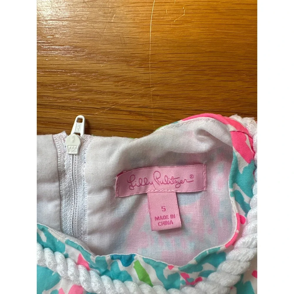 Lilly Pulitzer Girls Pink Blue Coral Reef Rope Trim Shift Dress Size 5